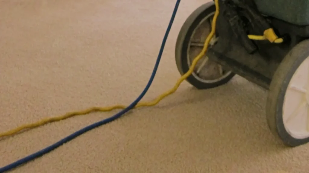 Carpet cleaning machine and hoses on beige carpet
