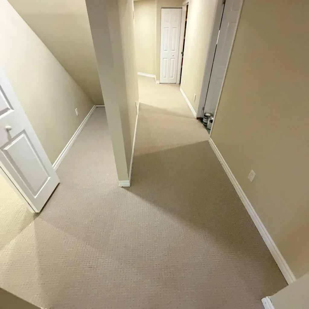 Basement hallway with beige patterned loop carpet