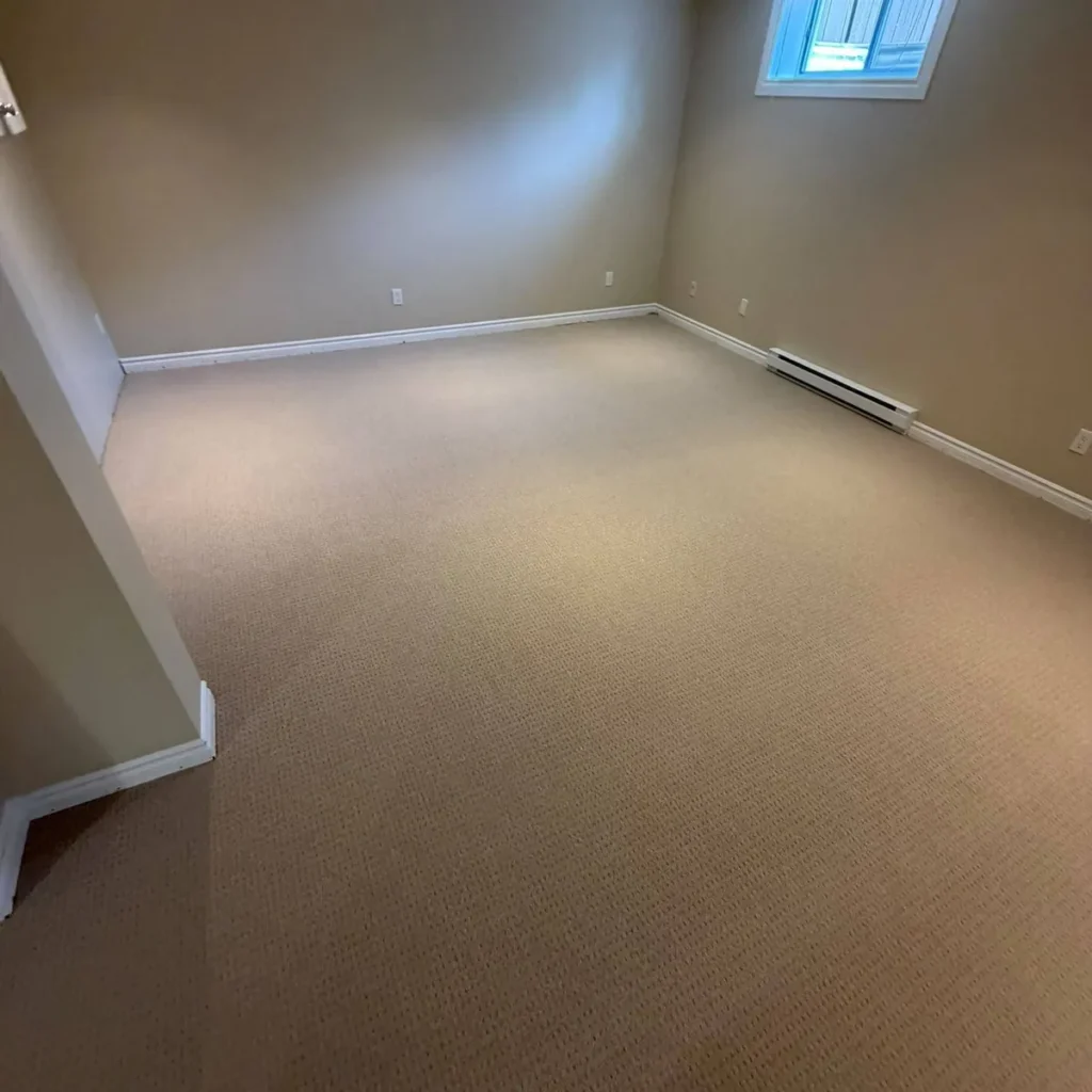 Basement rec room with beige patterned loop carpet