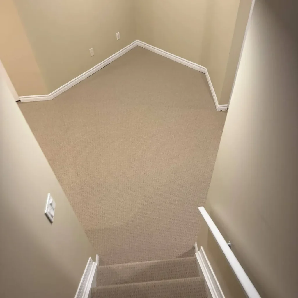 Beige loop carpet on basement stairs and the landing below